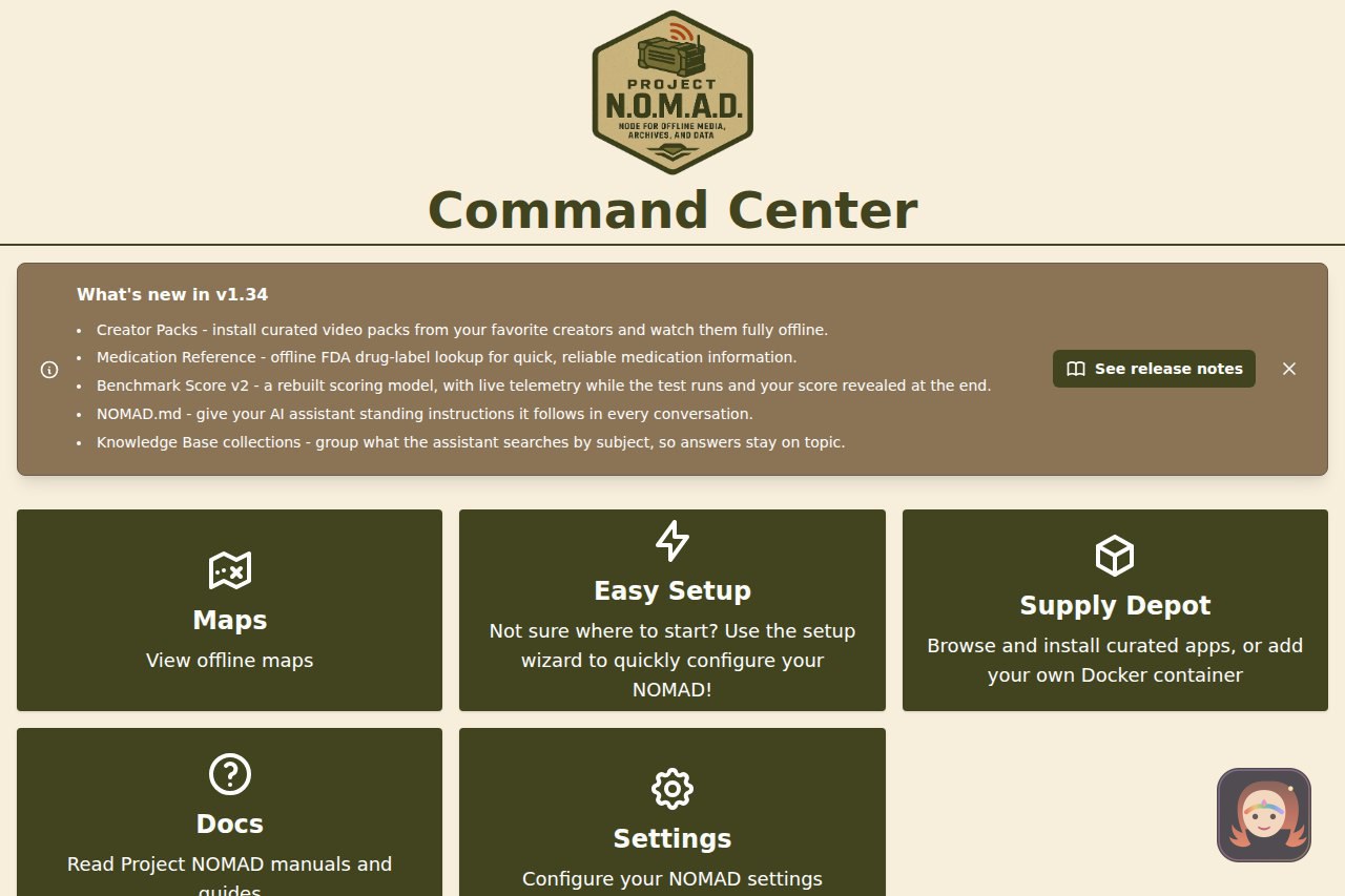 A tela do Command Center do Project NOMAD, com o logotipo em forma de caixa no topo e os cartões Maps, Easy Setup, Supply Depot, Docs e Settings