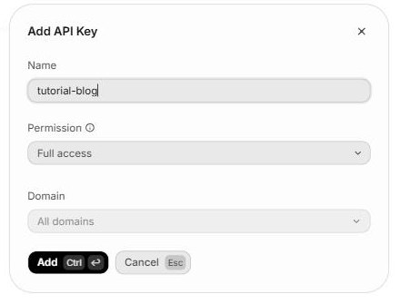 A janela Add API Key da Resend com o nome tutorial-blog, a permissão Full access e o domínio All domains