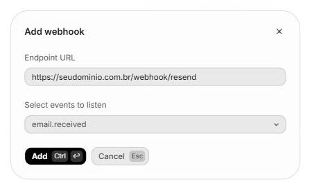 A janela Add webhook da Resend com a URL https://seudominio.com.br/webhook/resend e o evento email.received selecionado