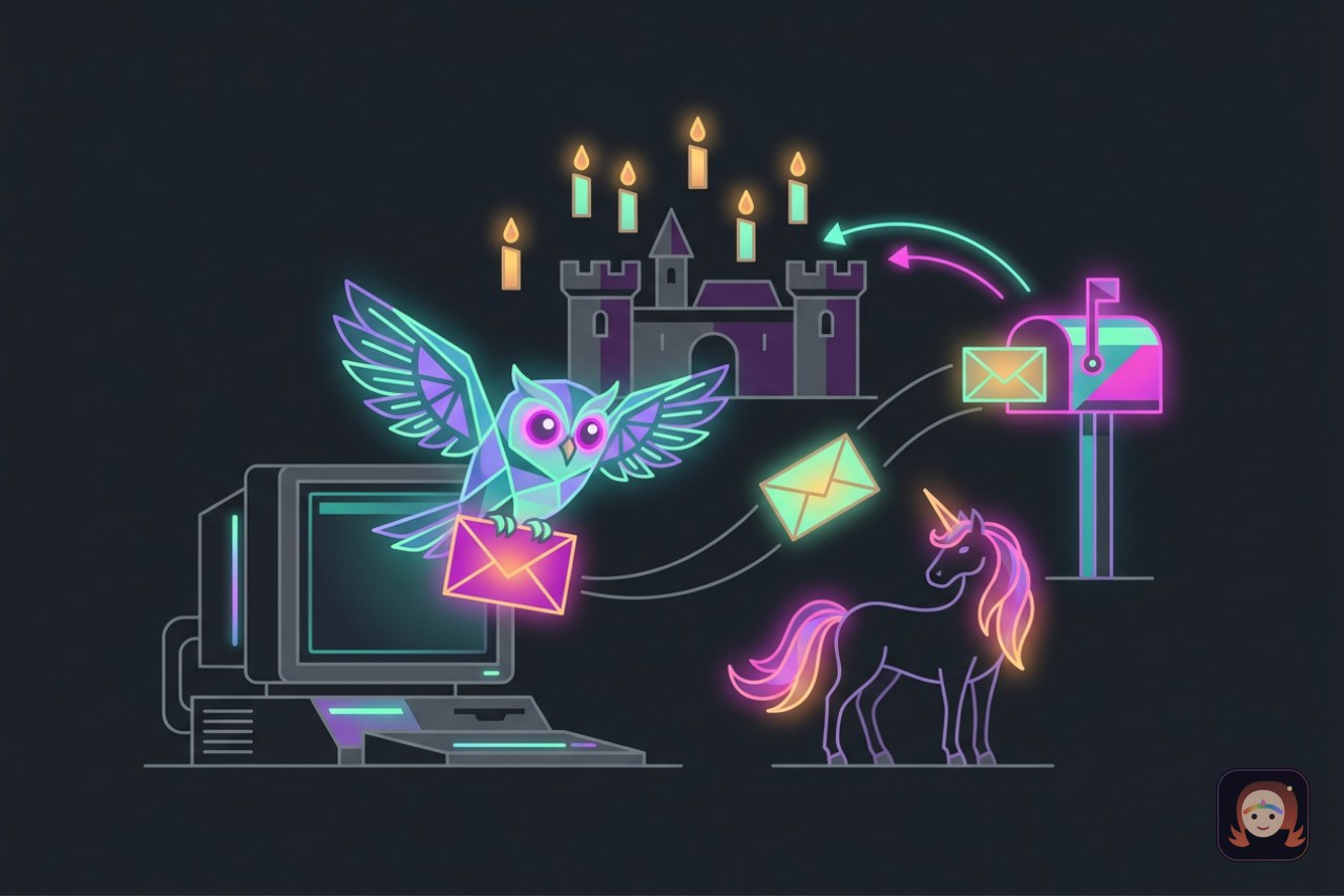 Ilustração em neon de uma coruja mágica saindo de um computador antigo com um envelope, outros envelopes voando até uma caixa de correio encantada, setas de luz voltando para um castelo com velas flutuantes e um unicórnio de crina colorida olhando a cena