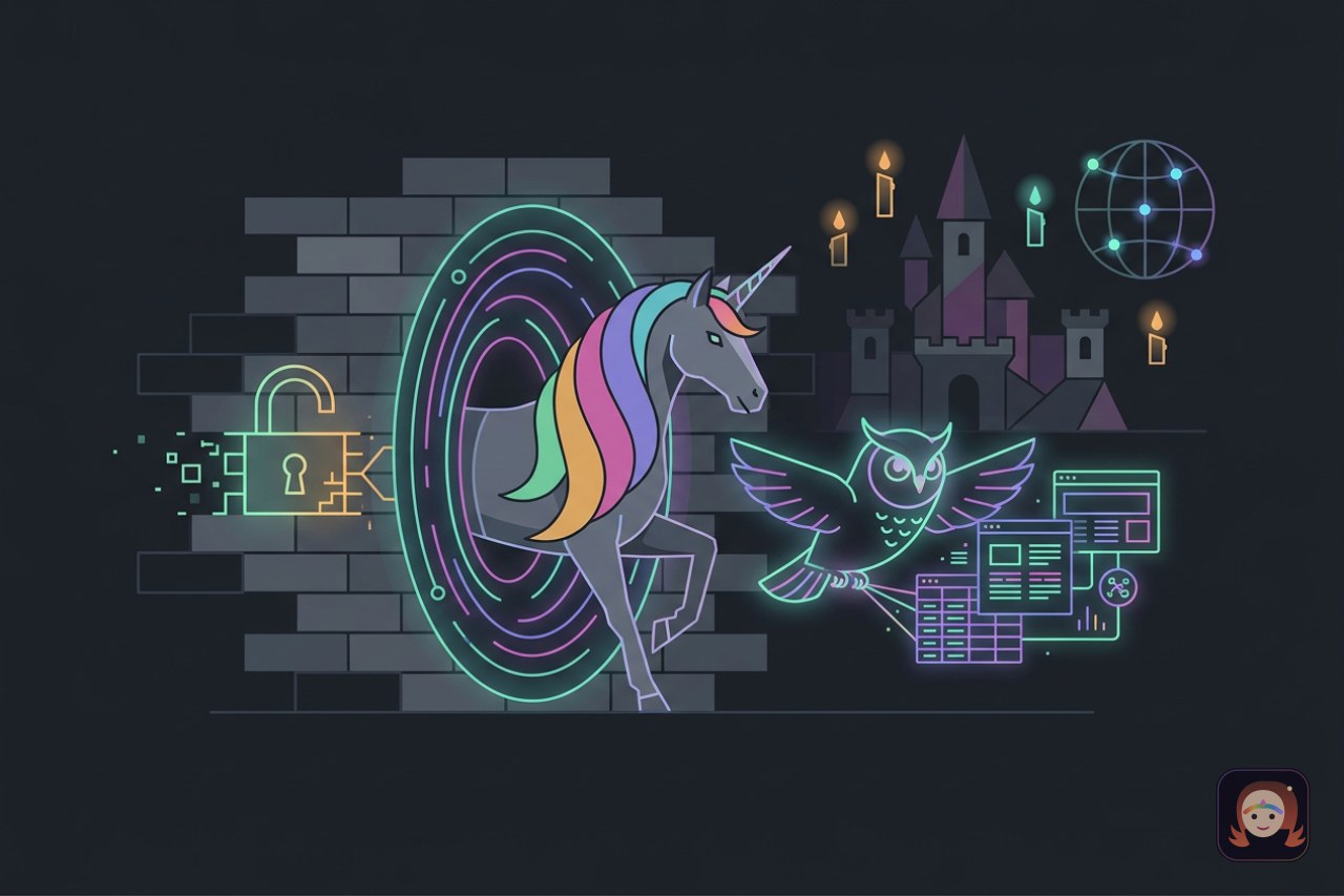 Ilustração de um unicórnio de crina arco-íris atravessando um portal de luz aberto num muro de tijolos, com um cadeado destrancado ao lado, uma coruja mágica carregando páginas web e tabelas de dados, e ao fundo um castelo com velas flutuantes e um globo com pontos acesos pelo mundo